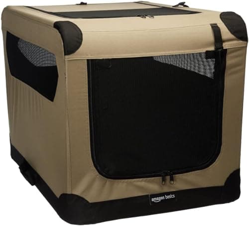 Image of Amazon Basics 2-Doors Portable Soft-Sided Folding Travel Crate Kennel for cat, dog, and other small animals, Tan, M 76 cm x 54 cm x 54 cm