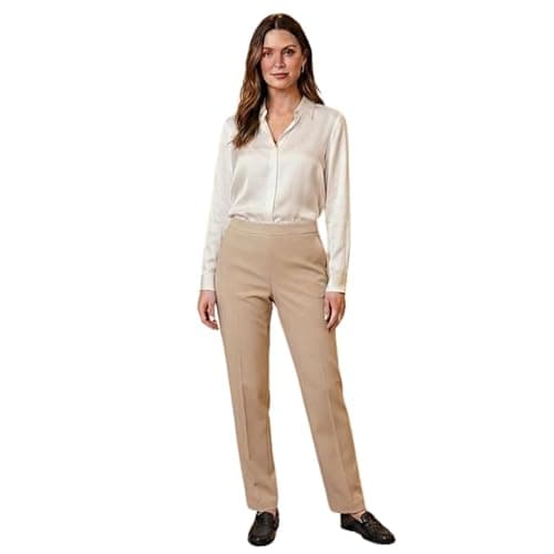 Image of Ladies Trousers Half Elasticated Waist Women Straight Leg Pants Pull On Stretch Work Office Formal Casual Bottom with Pockets Lightweight Smart Trouser Beige 14/27