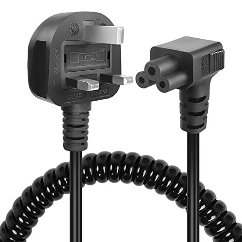 Image of GELRHONR Coiled C5 Cloverleaf Mickey Mouse Power Cord, 90 Degree 3 Pin BS 1363 to C5 AC Power Lead Spring Spiral Cable for Laptop PC Monitors,Computer, Printer,Scanners (Down Angle C5)
