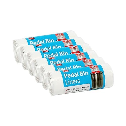 Image of Kordis Strong Tie Handle Pedal Bin Liners - 6 x 30 Bags. 25L White 45% Recycled Plastic Bin Bag Liners For Bedroom, Bathroom, Office, Mini Trash Can & Small Bins 180 Unscented Garbage Bags (53 x 70cm)