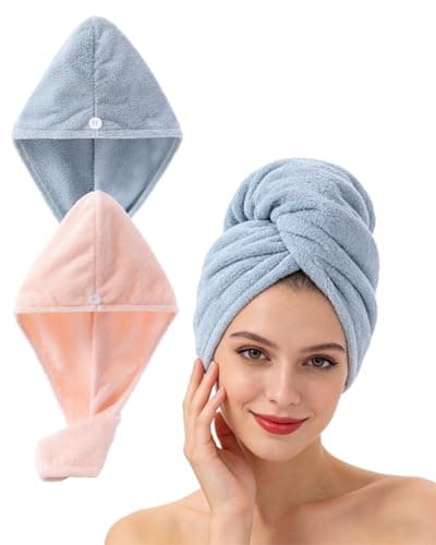 Image of Lumimi Bath Pre Dry Hair Towel 2 Pack Quick Dry Hair Super Absorbent Lightweight Turban with Button Hair Drying Wrap Shower Wellness, Pink Blue