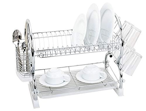 Image of New 2 Tier Chrome Plate Dish Cutlery Cup Drainer Rack DRIP Tray Plates Holder (Chrome)