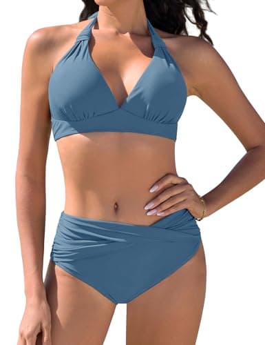 Image of Nadeer Women's Bikini Set Two Piece Swimsuit Sexy Halter Neck Bathing Suit Mid-High Waisted Vintage Swimwear Blue