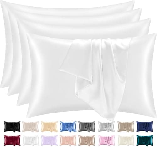 Image of Lazzaro Satin Silk Pillowcases for Hair and Skin - Hypoallergenic Silk Pillow Cases 4 Pack with Envelope Closure - Ultrasoft Standard Size White Silk Pillowcases (50 x 75 cm)