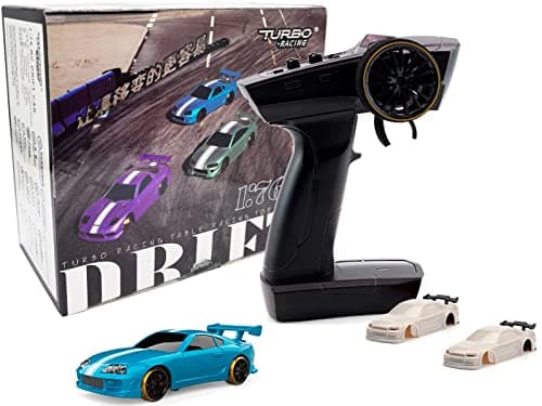 Image of FLYCOLOR Turbo Racing C63 1:76 Scale Drift RC Car with Gyro Mini Full Proportional RTR 2.4GHZ Remote Control with 2 Replaceable Body Shell(Lake Blue)