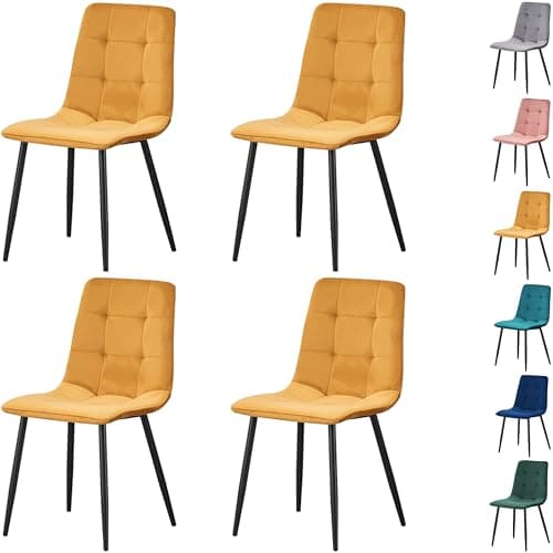 Image of MOF Dining Chairs Set of 4, Velvet Dining Chair with Padded Seat and Backrest, Sturdy Metal Legs - Accent Chair for Kitchen, Dining Room, Lving Room or Home Officet (Yellow Check x 4 Chairs)