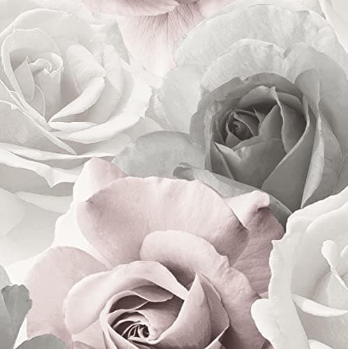 Image of Sophie Lauren Pink Grey White Floral Wallpaper - Paste-the-Paper with Roses and Flowers Design - Solid, Thick, Heavy-Duty for Living Room