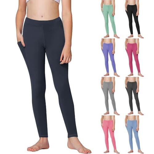 Image of Girls Yoga Leggings with Pockets Kids Skinny Dance Tights Stretchy Plain High Waisted Trousers Gym Sports Running Solid Color Leggings Active (Navy, 6-7 Years)