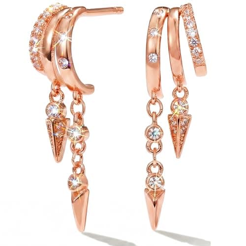 Image of MUMREUES Rose Gold Earrings for Women Trendy 14K Rose Gold Plated Dangle Earings Small Hoop Huggie Drop Stud Earrings Zirconia Simple Minimalist Dainty Chain Tassel Hypoallergenic Earring