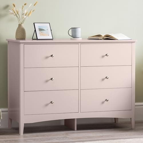 Image of CHRISTOW Pink Chest Of Drawers, 6 Drawer Storage Organiser Unit, Modern Wooden MDF Bedroom Cabinet Furniture, Living Room Hallway, Brushed Chrome Handles, Smooth Glide Runners (H70cm x W80cm x D40cm)
