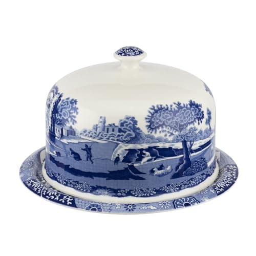 Image of Spode Blue Italian Porcelain Serving Platter with Dome - Elegant Dessert Tray for Cakes, Pastries, Cheese - Oriental Decor Serveware, Dishwasher & Microwave Safe Treat Display Tray