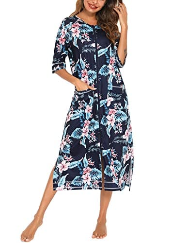 Image of Rubehoow Women's Zipper Robe Short Sleeve Round Neck Long Bathrobe with Pockets (Blue Leaf,M)