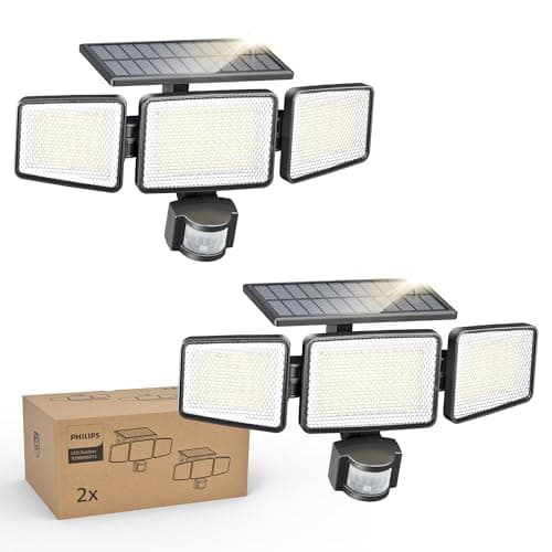 Image of Philips Solar Security Light Outdoor Light 302 LEDs 1200lm, Solar-Powered Waterproof Wall-Mounted Flood Light w/PIR Motion Sensor, 3 Heads, IP65 Waterproof, 3 Modes (2)