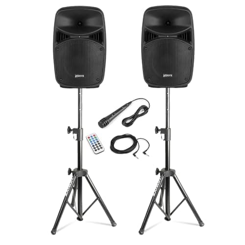 Image of Vonyx VPS082A 8-Inch Active PA DJ Speaker System with Bluetooth, Portable Speakers, Speaker Stands, Wired Microphone, Built-in LED Lights, Ideal for Home DJ Sets & Small Gatherings