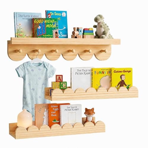 Image of Anihet Floating Nursery Book Shelves with Hooks, Set of 3 Scalloped Wooden Wall Book Shelf, Books Toys Organizer for Bedroom Kids, Toddler Room, Baby Room, 40cm(Log color)