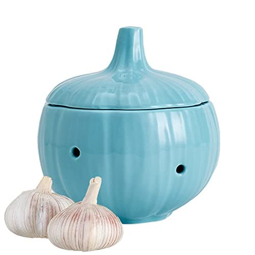 Image of Asweal Ceramic Garlic Keeper Storage Container with Lid Vented Garlic Storage Pot for Kitchen Counter Decor (Blue)