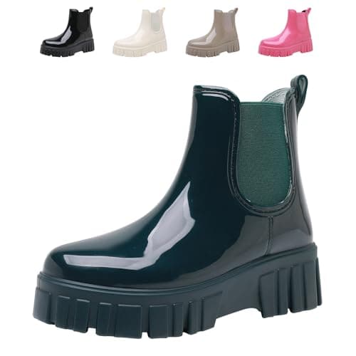 Image of DRECAGE Wellies Women Waterproof Stylish Wellington Boots Short Chelsea Ladies Chunky Sole Rain Boots Outdoors Walking Green 4 UK