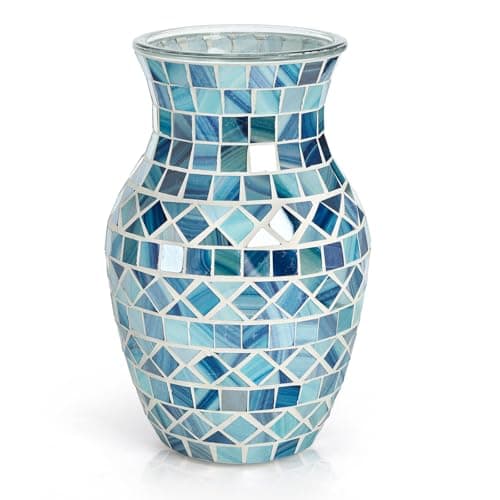 Image of SOUJOY Mosaic Vase, Glass Blue Flower Vases for Centerpieces, Handmade Bud Vase for Wedding Flower Arrangeme, Living Room, Kitchen, Home Decor