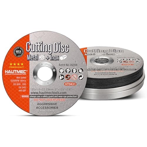 Image of HAUTMEC Expert-Grade Metal Cutting Discs 125 X 1.0 X 22.23mm, 10 Pack Cut-Off Wheels with Premium Aluminium Oxide Abrasive, Portable Tin Box, MPA Certified, Aggressive Ultra Thin Design - HT0431
