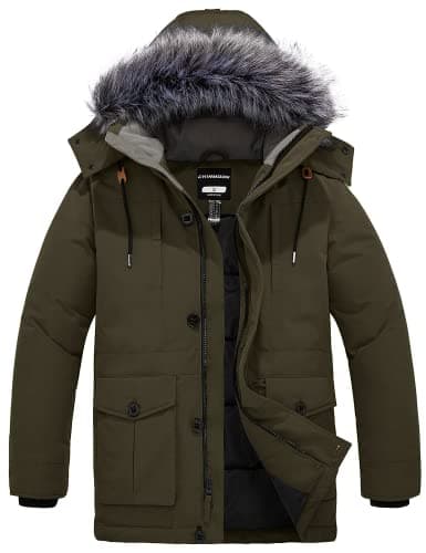 Image of CHIN·MOON Men's Winter Warm Coat Windproof Puffer Jacket Outdoor Thicken Parka Jacket Mid Length Outerwear Coat with Faux Fur Hooded Army Green S