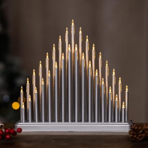 Image of HomeZone Silver Christmas Candle Bridge - 33 Warm White LED Flameless Candles - Elegant Indoor Xmas Decoration Battery Operated - Christmas Window Lights for Traditional Festive Home Display