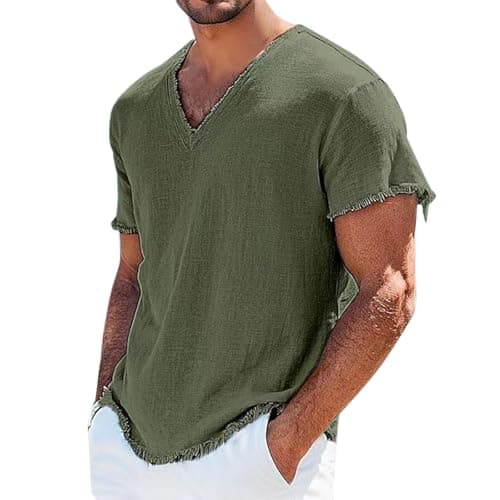 Image of Men's Linen T-Shirt V-Neck Short Sleeve Summer T-Shirt Tops Basic Breathable Running Shirt Plain Sports Shirt Comfortable Casual Shirts Used Look Lightweight Slim Fit Leisure Beach, Army Green, M