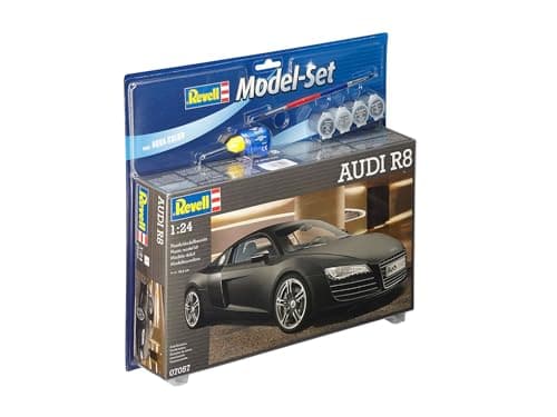 Image of Revell Model Set 67057 AUDI R8 1:24 Scale Unbuilt/Unpainted Plastic Model Kit with Contacta Professional Glue, Paintbrush & Selected Aqua Color Paints