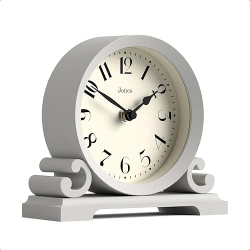 Image of Jones Clocks® Saloon mantel clock | Small traditional double scroll design | Grey | Contemporary classic style for desk, table, shelf or bedside
