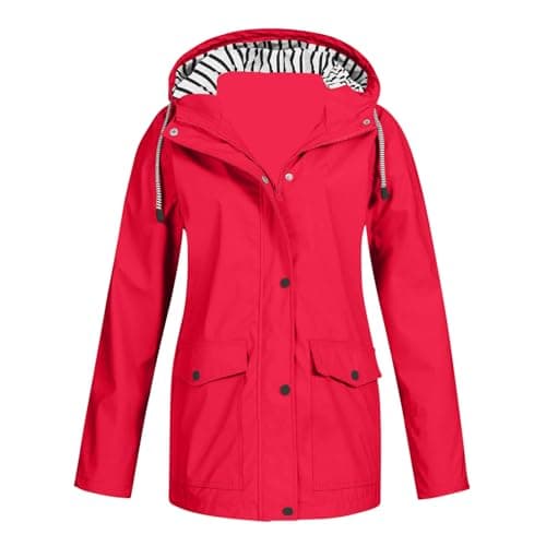 Image of Ladies Lightweight Waterproof Jacket Waterproof Jackets For Women UK Casual Zipper Long Sleeve Packable Hooded Ladies Rain Coats Lightweight Outdoor Hiking Clothes Red L