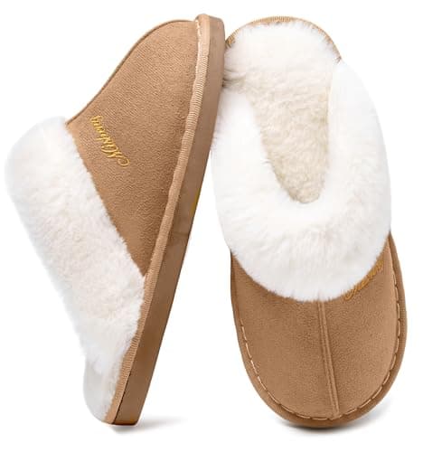 Image of Coswind Slippers Women Men Ladies Fluffy With Memory Foam Warm Fuzzy Soft Winter House Outdoor Indoor Slip on Comfy Cosy Shoes Light Brown 5.5-6.5