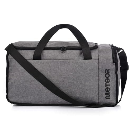 Image of meteor Gym Duffel Cabin Holdall Bag - Lightweight Sports Luggage with Shoe Compartment, Shoulder Strap, Underseat Hand Size for Travel Workout Weekend Overnight (Heather Grey/Black, 43x20x25 cm)