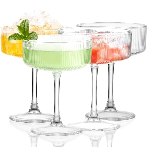Image of Vessyn Martini Glasses Set of 4, Unique Ribbed Coupe 10 oz Vintage Glass, Classic Cocktail Galssware, Bar Drinking Glasses Set Pefect for Cocktail, Wine, Champagne & Gift
