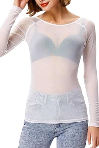 Image of STAR FASHION Sheer Mesh Top Long Sleeve See Through T Shirt Tops for Womens Ladies Stretchy Round Neck Tee T-Shirts White-SM