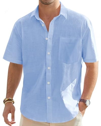 Image of J.VER Mens Linen Shirts Short Sleeve Summer Casual Lightweight Cotton Regular Fit Beach Button Down Shirt for Men with Pocket Blue XL