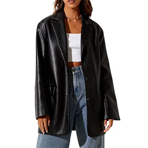 Image of FeMereina Womens Faux Leather Jacket Shacket Button Front Long Sleeve Oversized Blazer Motor Bike Pockets Outwear (Black, Medium)