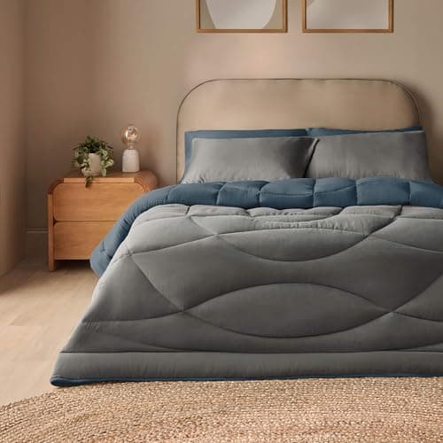 Image of Silentnight Coverless Luxury Washed Duvet & Pillowcase Set - Soft Stylish 10.5 Tog Two Reversible Colours Bed Quilt - All Year Round Comfort No Cover Needed, Blue & Charcoal, Double