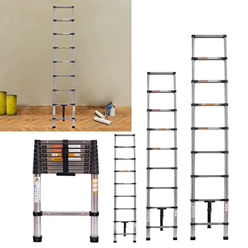 Image of 2.6m/8.5ft Heavy Duty Stainless Steel Telescoping Extendable Ladder - Multi Purpose Loft Garden Roof Stair Ladder with Safety Button, Adjustable Step