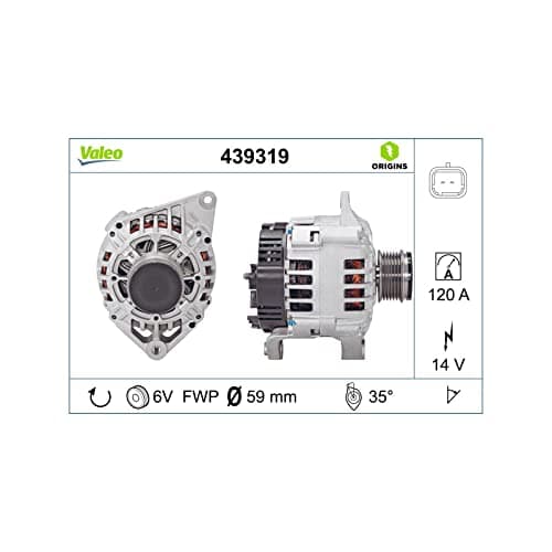Image of VALEO 439319 Alternator Alternator Charge current: 120 Amp Grooves: 6 grooves Pulley diameter: 59,4 mm Voltage: 14 V Rotation direction: CLOCKWISE