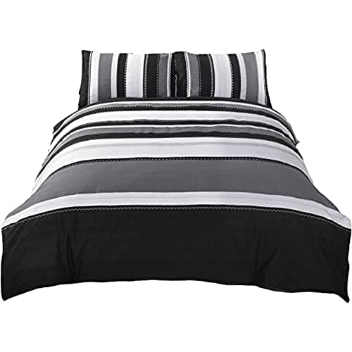 Image of Rapport Striped Quilt Duvet Cover and 2 Pillowcase Bed Set, Cotton and Polyester, Grey, Double
