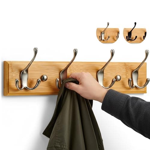 Image of LARHN Wall-Mounted Coat Rack - 4 Matt-Nickel Triple Coat Hooks for Wall on Stylish Wooden Bamboo Base - 42 cm - All Fixings Included