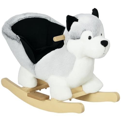 Image of HOMCOM Husky Baby Rocking Horse for Toddlers, Plush Wooden Child Rocking Animal with Sound, Seatbelt, Gift for Ages 18-36 Months, Kids Ride-On Toy for Indoor Use - Grey