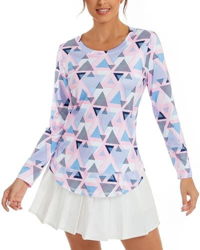 Image of Deaviya Womens Long Sleeve Sports Tops UK, Sport Yoga T-Shirt Workout Running Tops, Crew Neck Quick Dry Golf Activewear Ladies Gym Sports Top, XL,Pink White Grid