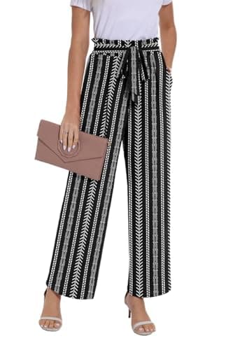 Image of PrinStory Trousers For Women UK Elasticated Waist Lightweight Summer Pants Causal Wide Leg Palazzo Trousers Beach Work (Bohemian Stripes, XL)