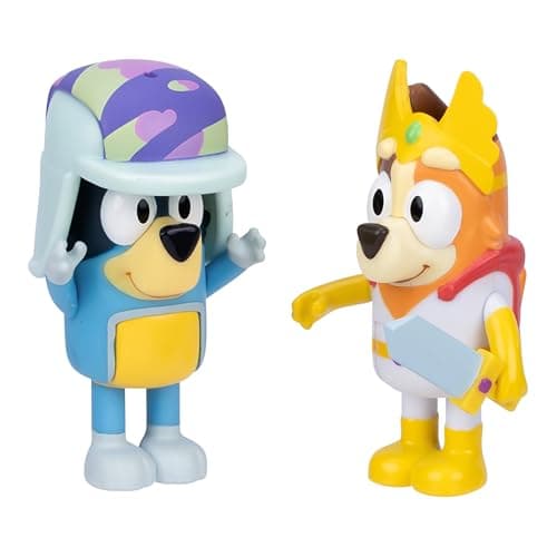 Image of Bluey Figure 2-Pack - Fairytale Pack, 2.5 inch / 6.35 cm Figures of Chilli in Her Superhero Costume and Bandit Wearing His Hat, Recreate Favorite Moments from The Episode - Fairytale