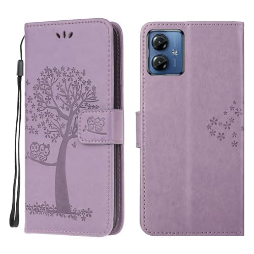 Image of Wuhaizher Motorola Moto G14 Case Leather Wallet Flip Folio Magnetic Clasp Stand View Bookstyle Cases for Motorola Moto G14 Phone Case Cover Shockproof Cute Owl & Tree Pattern, Light Purple