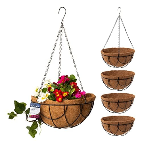 Image of Bishop Hanging Basket With Liner — Includes Coco Liners for Hanging Baskets, 12 inch Black Wire Basket — Ideal Gardening Gifts For Mum — Great Garden Decoration Ideas and Outdoor Garden Planters