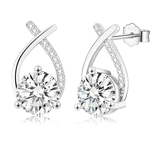 Image of EPIRORA Sterling Silver Earrings for Women, Hypoallergenic Cartilage White Gold Plated Cubic Zirconia Stud Earrings Wedding Gifts Girls Jewellery, White