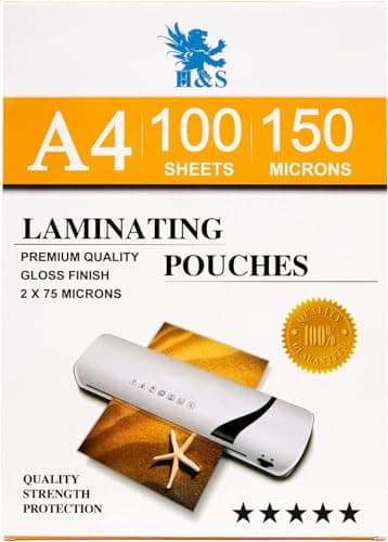 Image of H&S Laminating Pouches A4 (Pack of 100) - Crystal Clear Finish Laminate Sheets 150 Micron (2 x 75 Micron) - Protect Documents at Home Work School - for International A4 Paper Size