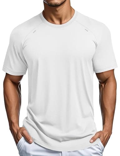 Image of MAGCOMSEN Men's Running Shirts Sport Tops Quick Dry Gym Wicking Athletic T Shirts Breathable Mesh Workout Training Tshirts White, M