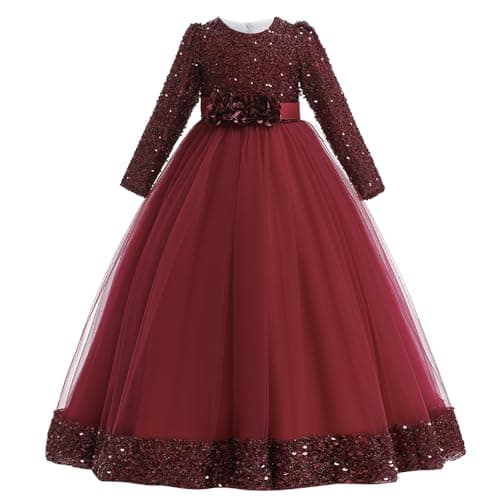 Image of Cichic Girls Party Dress Sparkly Sequin Tulle Long Dresses for Christmas Birthday Party Wedding Pageant Evening Red 5-6 Years